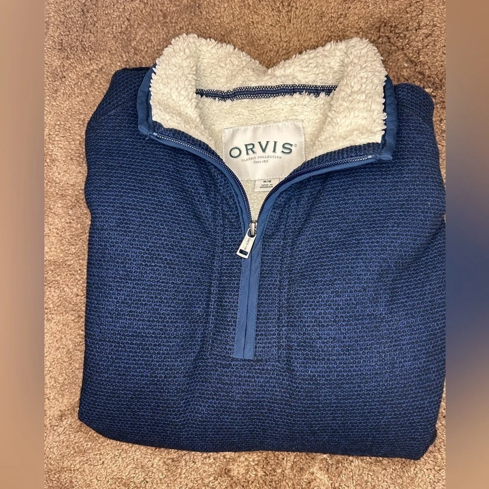 Orvis Men’s M Sherpa Lined Quarter Zip Navy Fleece Pullover Warm Outdoor Size M